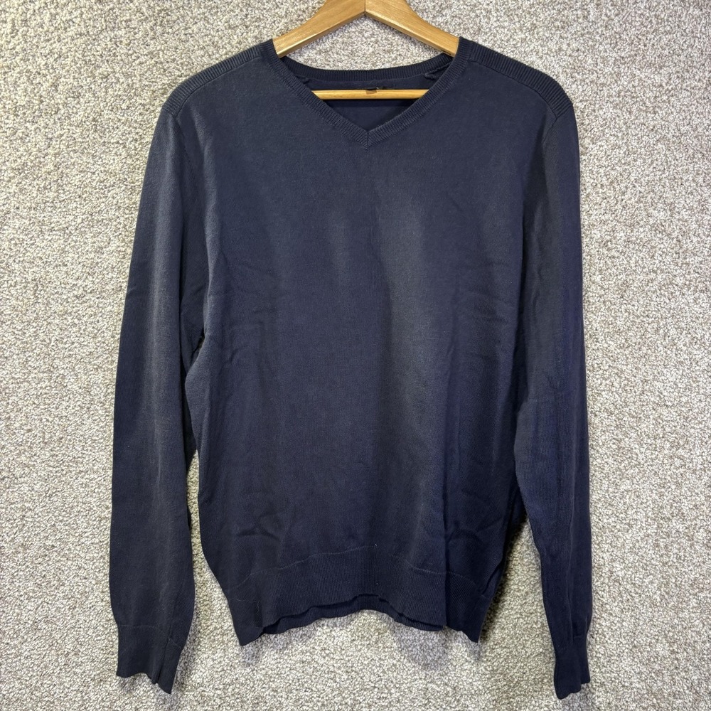 Marc Anthony Sweater Mens Large Blue Cotton Cashmere‎ V Neck Knit Pullover